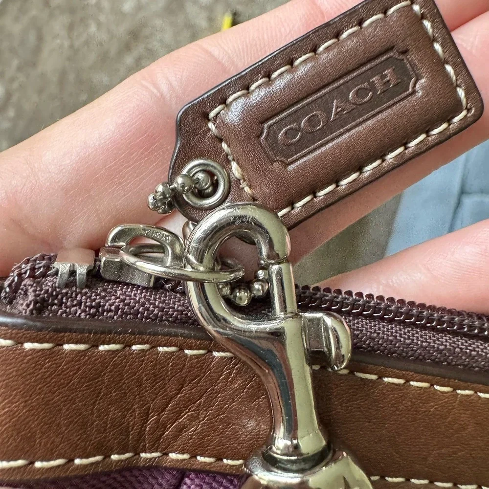 Coach Purple Logo Wristlet Bag with Brown Trim and Wrist Strap